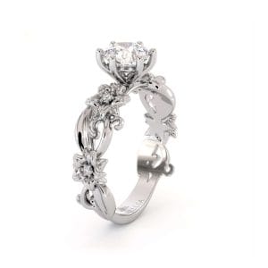 טבעת אירוסין אמנותית פרחי פיליגרן זהב לבן 14 קראט יהלום מעבדה