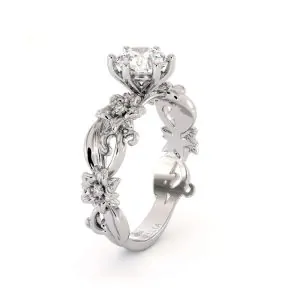 טבעת אירוסין אמנותית פרחי פיליגרן זהב לבן 14 קראט יהלום מעבדה