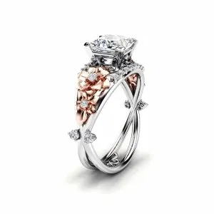 טבעת אירוסין יהלום מעבדה בעיצוב פרחים בזהב דו-גוני