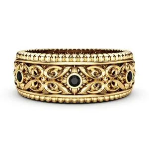 טבעת גברית מעוטרת עם יהלומים שחורים בעיצוב ייחודי